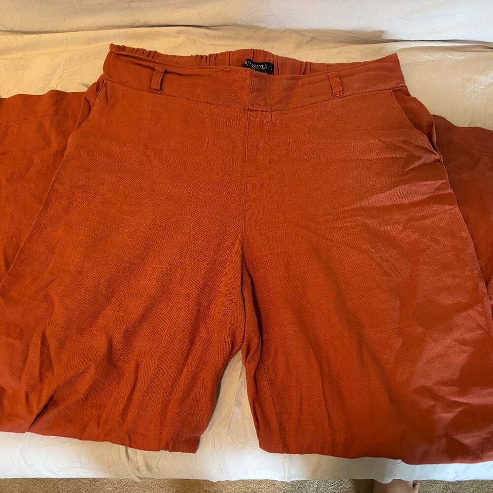 Soundstyle Full Length High Rise Wide Leg Linen Blend Pants - Terracotta Size L